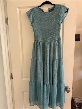 Smocked Tiered Maxi Dress in Aqua
